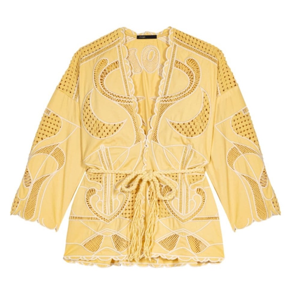 Maje Kimono Open Jacket Crocheted Braided Belt 3/4 Sleeve Banana Yellow M NWT